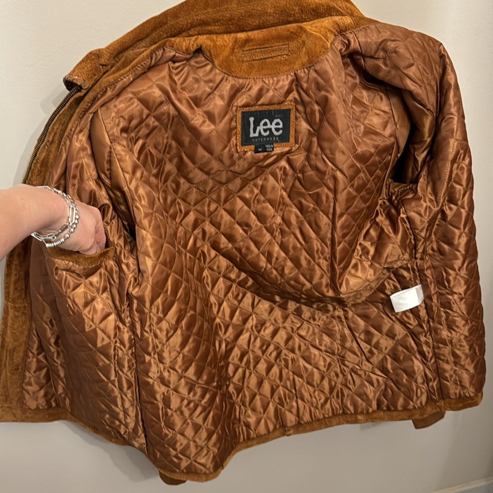 Lee Vintage Chestnut Brown Genuine Leather Suede Embossed Zip Up Lined Jacket M - Picture 8 of 12